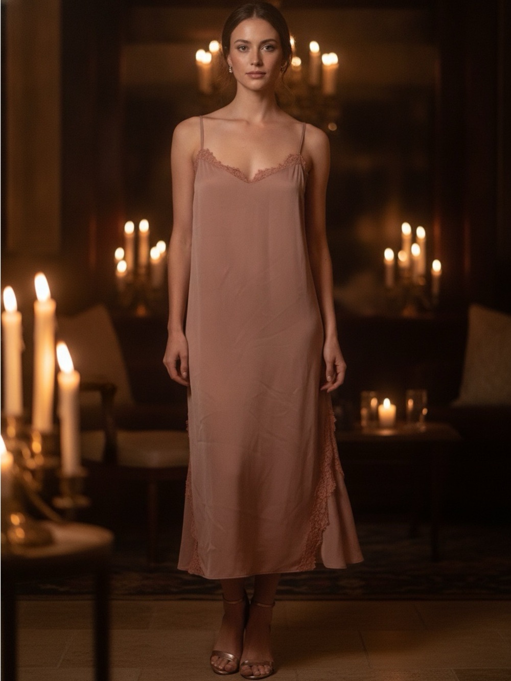 Banana Republic Women’s Y2K Silk-Lace Trim Slip Dress Dusty Rose 14